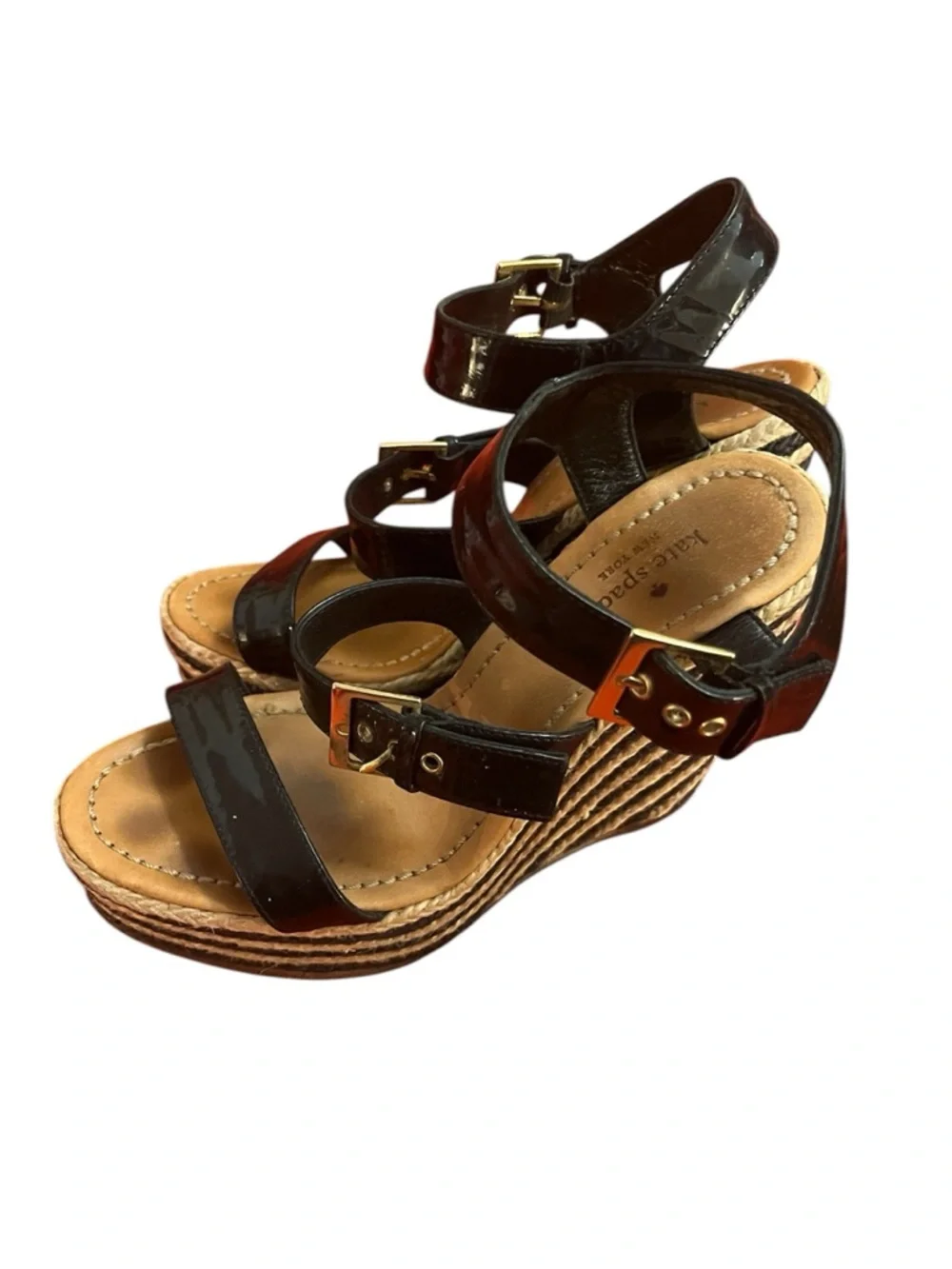 kate spade Black Patent Triple-Strap Espadrille Wedge Sandals